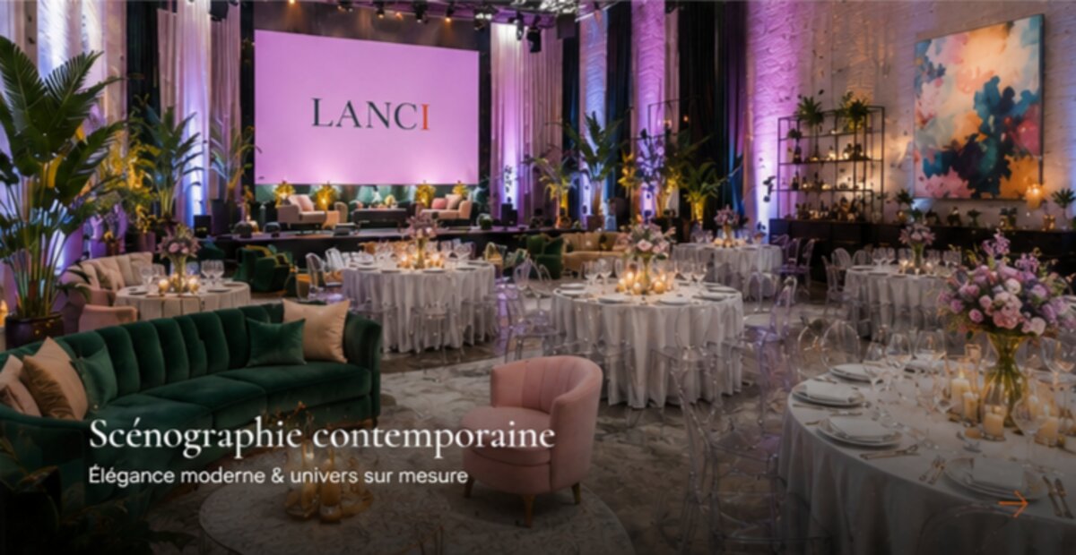 Scénographie événementielle réalisée par LANCI 360, décoration de salle de réception